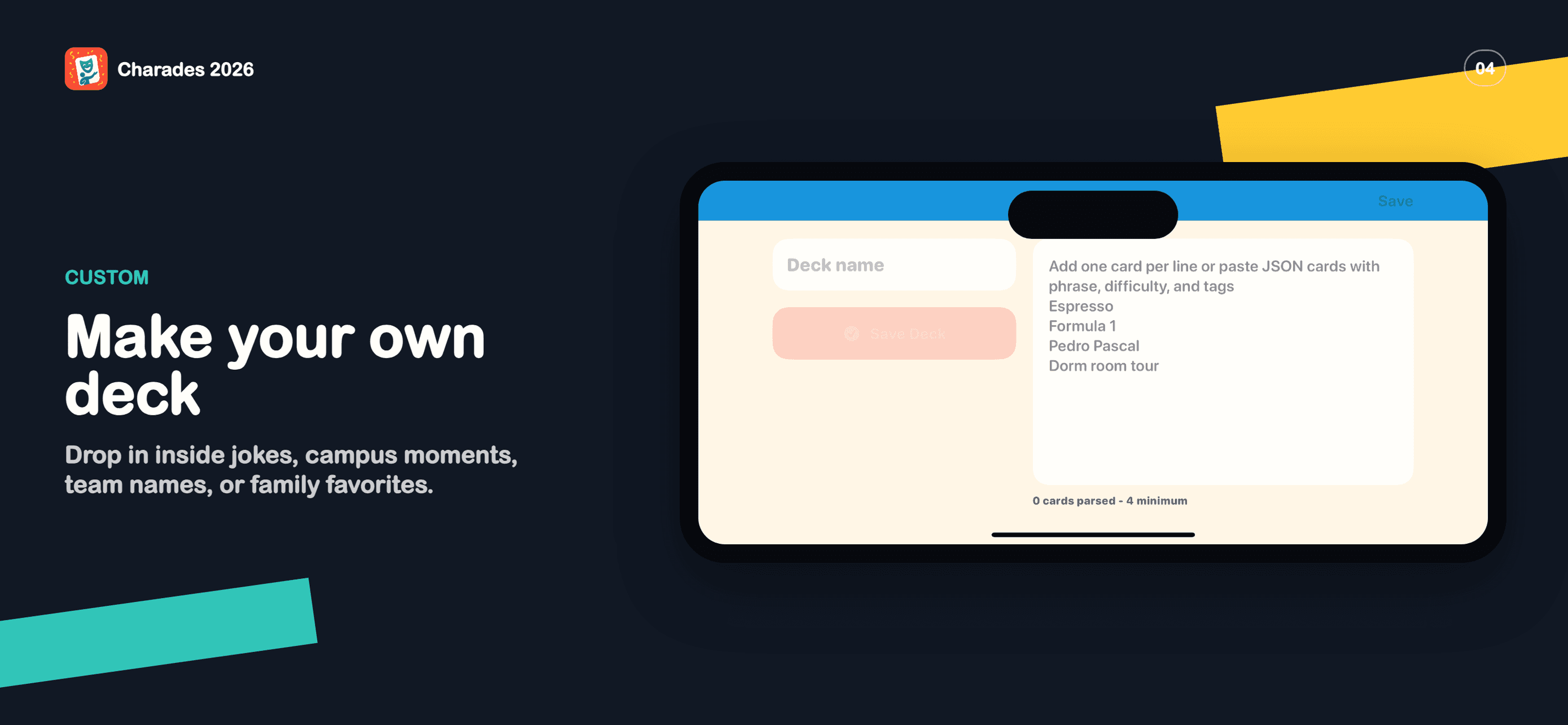 Charades 2026 custom deck editor screenshot.