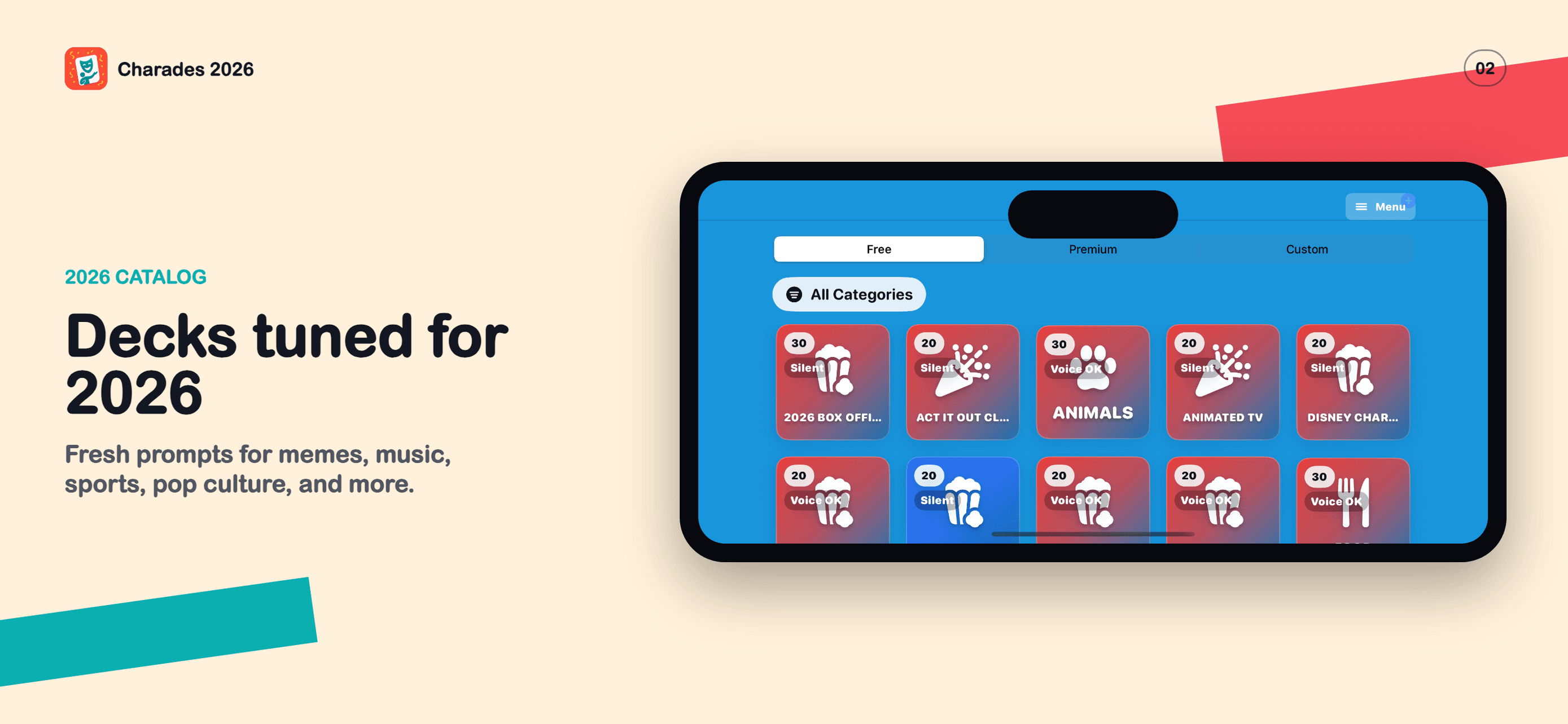 Charades 2026 deck library screenshot.