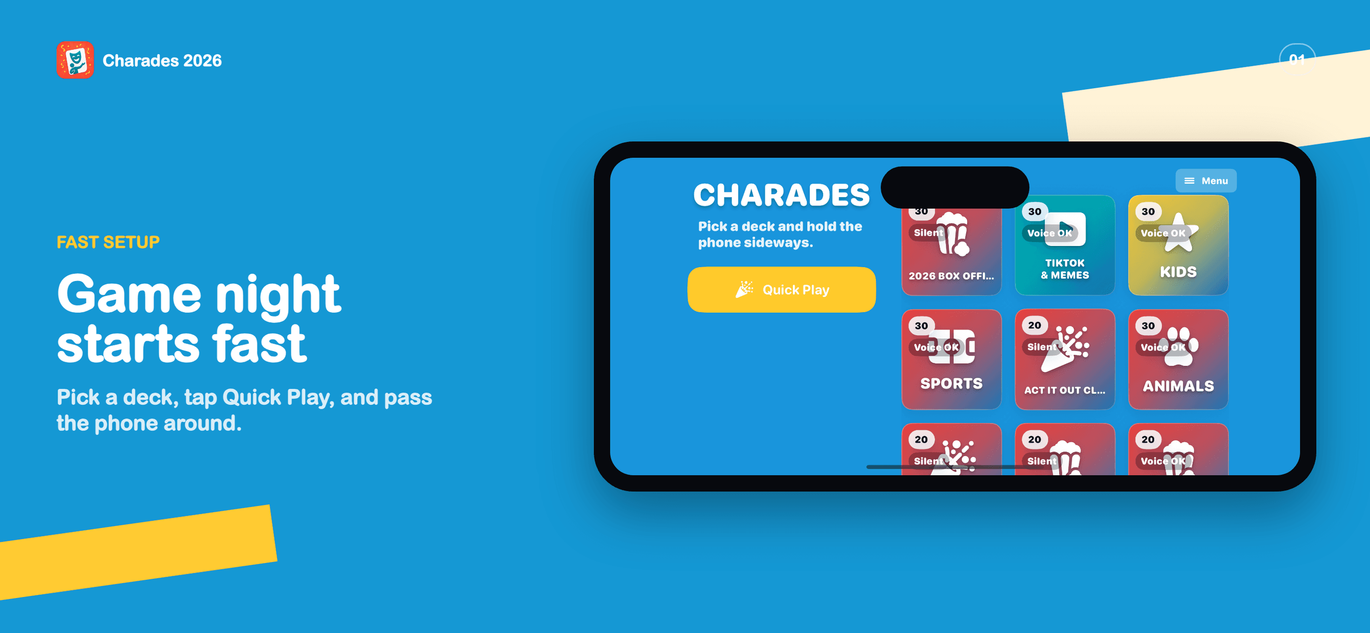 Charades 2026 home screen showing game night setup and deck selection.